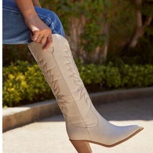 JustFab Beige Embroidered Heeled Boots